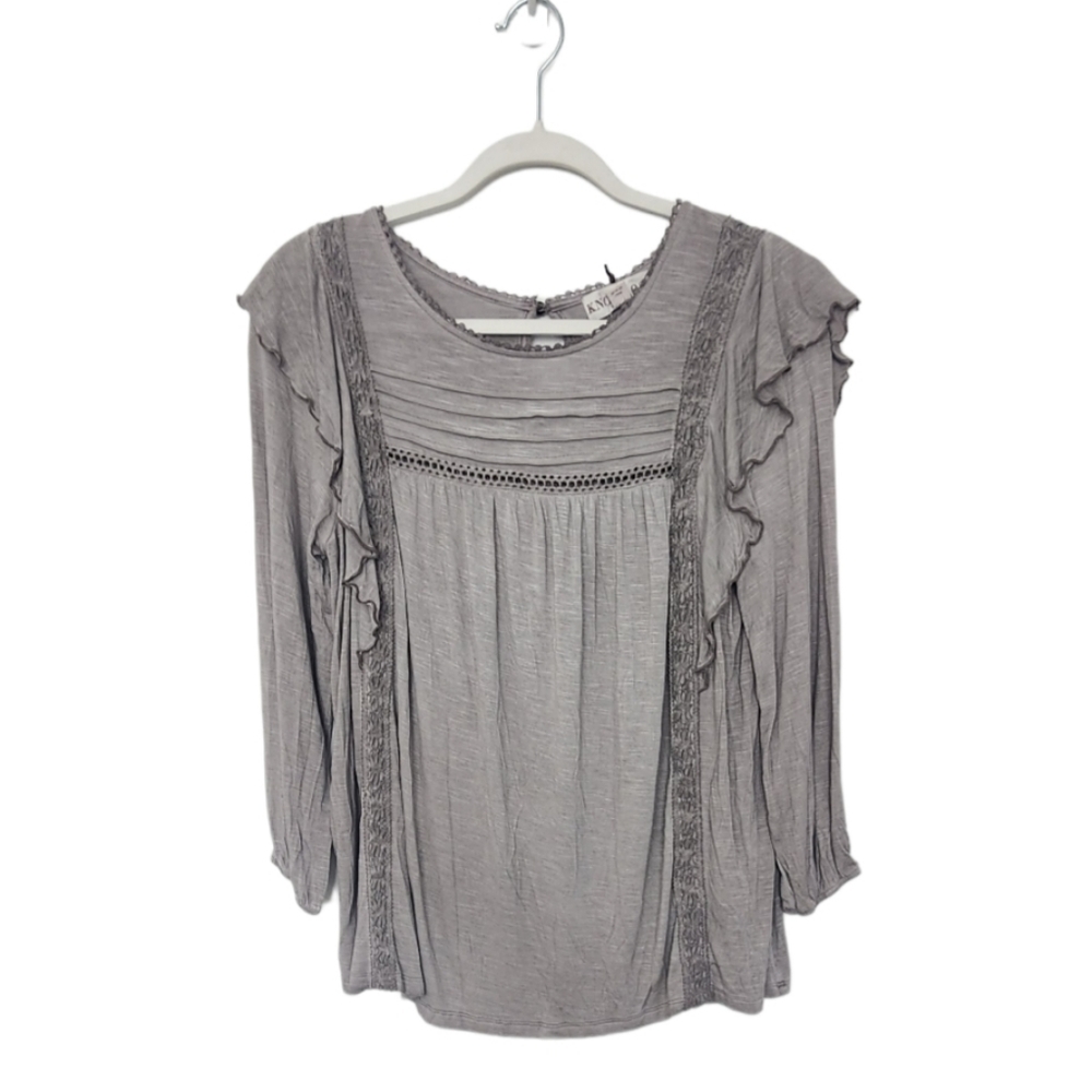 Knox Rose Womens Crochet Trim Ruffle Detail Long Sleeve Boho Peasant Top Medium.